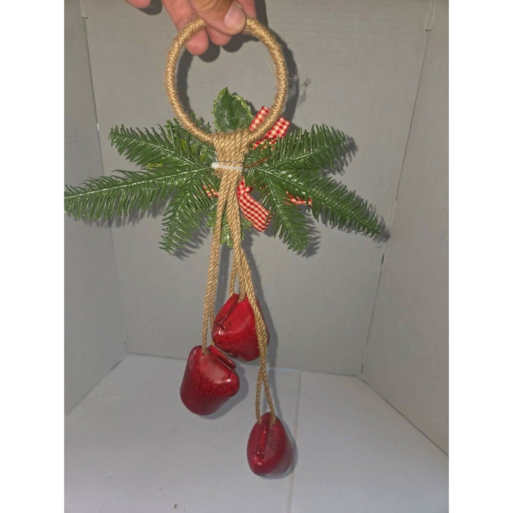 Christmas Hanging Door Decor Rope Ring Faux Greenery Ribbon Red Bells Berries